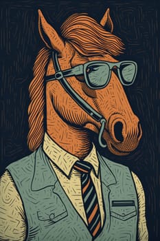 A horse wearing glasses and a tie