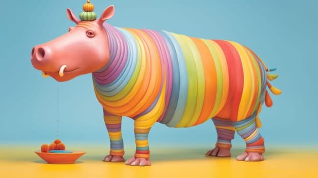 A colorful cow standing next to a bowl of food