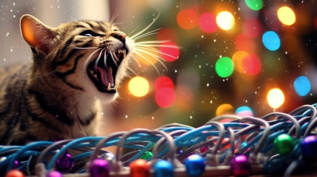 A cat yawns in front of a christmas tree