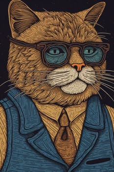 A drawing of a cat wearing a suit and tie
