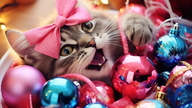 A cat with a pink bow laying in a bowl of ornaments