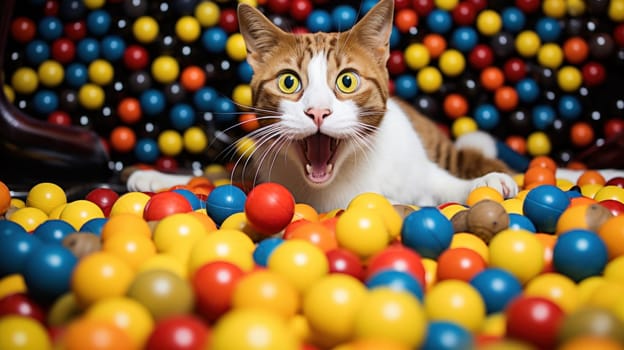 A cat yawns in a ball pit filled with colorful balls