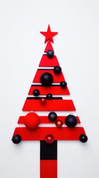 A red and black christmas tree with ornaments