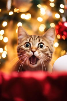 A cat with its mouth open looking at a christmas ornament