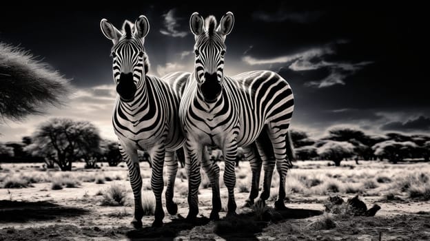Two zebras standing next to each other in a field