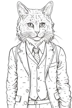 A black and white drawing of a cat wearing a suit