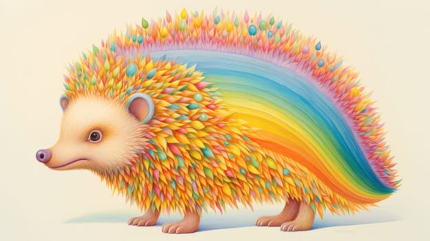 A painting of a hedge with a rainbow colored tail
