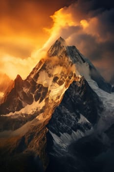 A mountain covered in snow under a cloudy sky