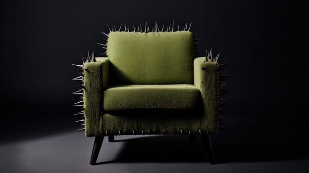 A green chair with spikes on it in a dark room