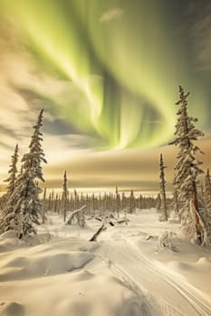 The aurora bore lights up the sky over a snowy landscape