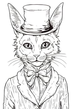 A black and white drawing of a cat wearing a top hat