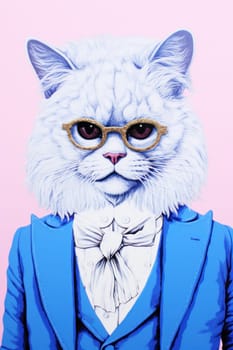 A white cat wearing a blue suit and glasses