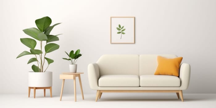 A white couch sitting next to a plant in a living room