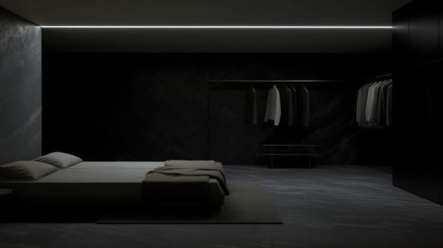 A bedroom with a bed and a closet