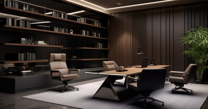 An office with a desk, chair, and bookshelf