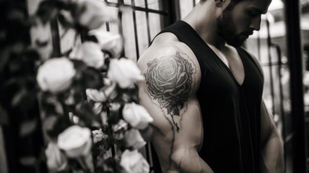 A man with a rose tattoo on his arm
