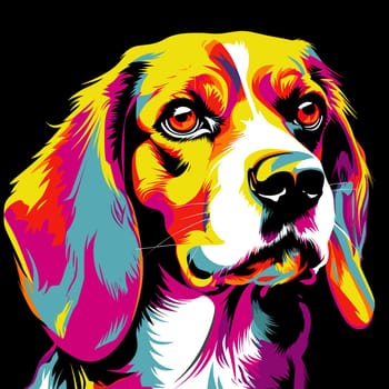 Portrait of a beagle breed dog in vector pop art style isolated on black background. Template for poster, sticker, t-shirt print, etc.