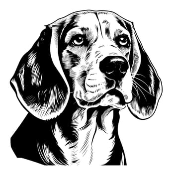 Portrait of a beagle breed dog in vector black and white ink art style isolated on white background. Template for poster, sticker, t-shirt print, etc.
