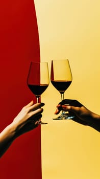 Two people holding wine glasses in front of a red and yellow background