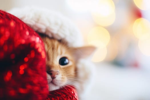 A cat peeking out from under a red blanket