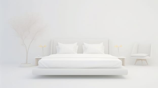 A white bedroom with a white bed and white chairs