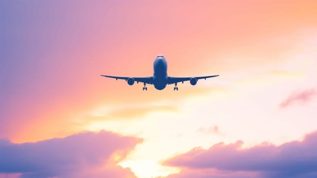 An airplane is flying in the sky at sunset