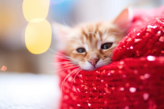 A small kitten peeking out of a red blanket