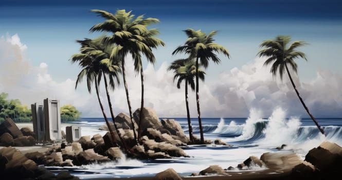 A painting of palm trees on a rocky beach