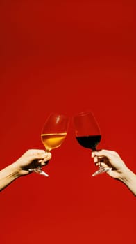 Two hands holding wine glasses in front of a red background
