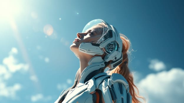 A woman in futuristic armor with her eyes closed and looking up