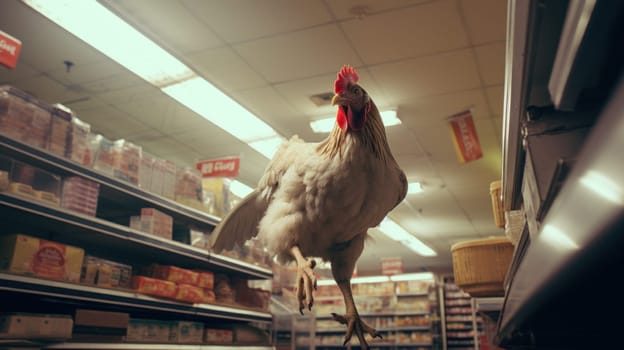 A chicken walking in a grocery store aisle with shelves and other items