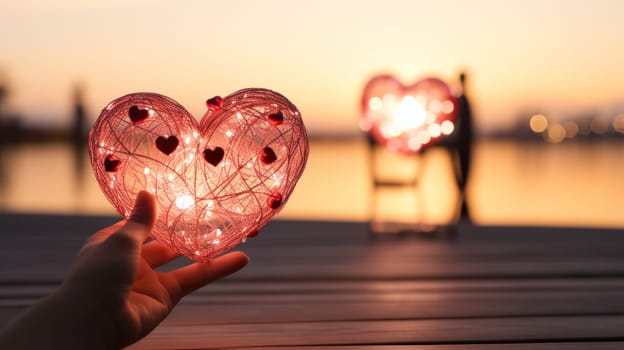 A person holding a heart shaped lighted object on the dock