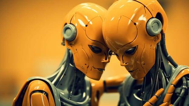 Two robots are hugging each other in a yellow room