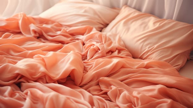A bed with a pink comforter and pillows on it