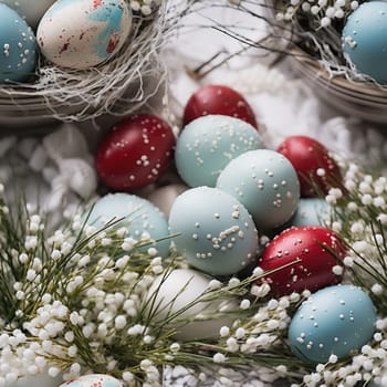 A close up of a table with some eggs and flowers