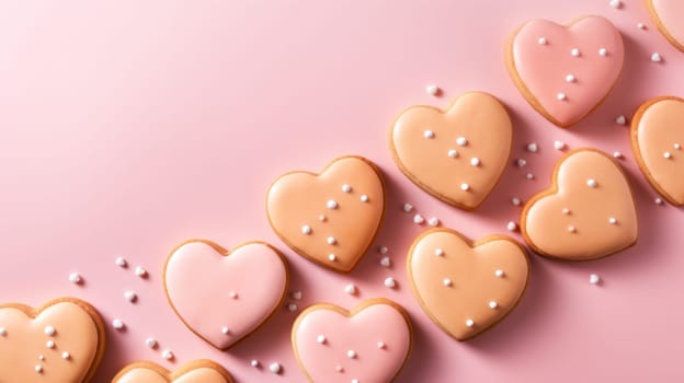 A row of heart shaped cookies with white frosting on pink background