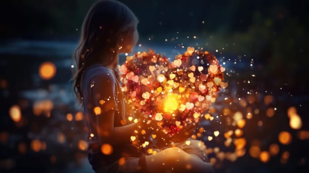 A woman holding a heart shaped object with lights coming out of it