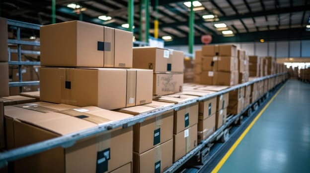 A warehouse with a lot of boxes stacked on the conveyor belt