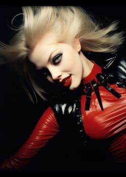 A woman with blonde hair and red lipstick posing for a picture