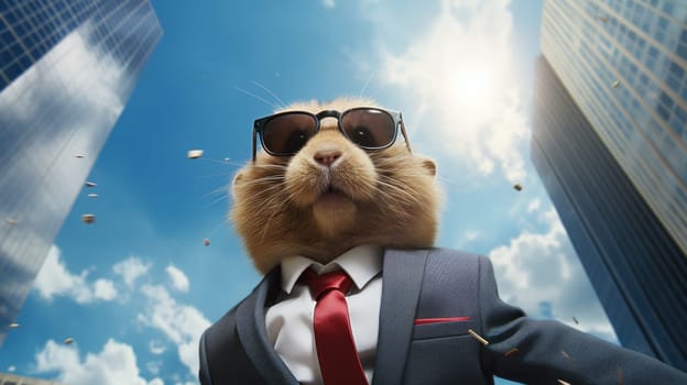 A picture of a small animal wearing glasses and a suit