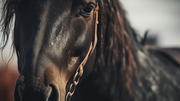 A close up of a horse with bridle and mane