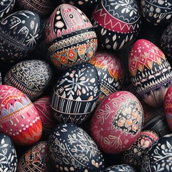 A bunch of painted eggs are piled up together in a pile