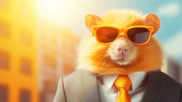 A hamster wearing a suit and tie with sunglasses