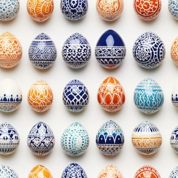A bunch of colorful eggs are arranged in a pattern