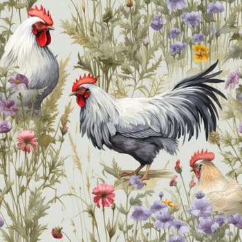 A pattern of a painting with chickens and flowers on it