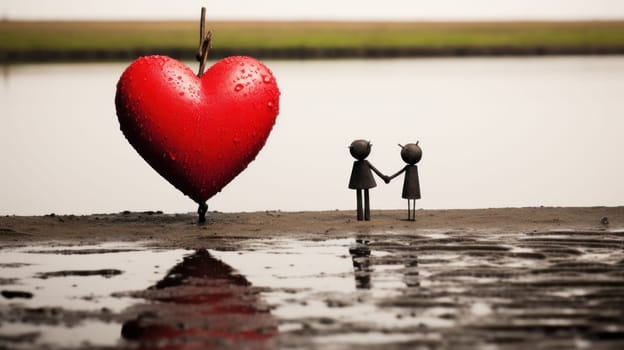 Two small people holding hands with a large red heart in the background