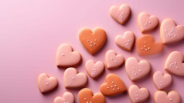 A bunch of heart shaped cookies on a pink background