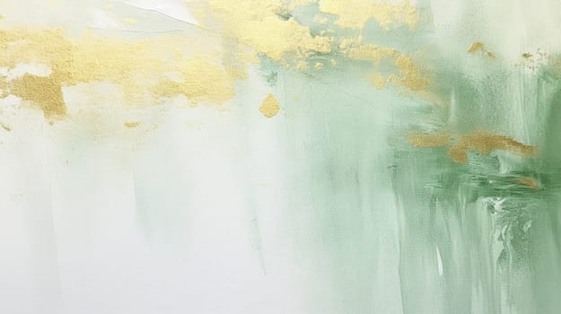 A macro photograph capturing the intricate patterns of a liquid green and gold painting on a white background, showcasing the fluidity and transparency of the art