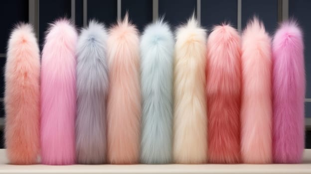 A row of colorful fur coats lined up on a table