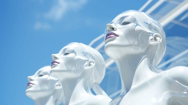 Three white mannequins with glasses standing next to each other